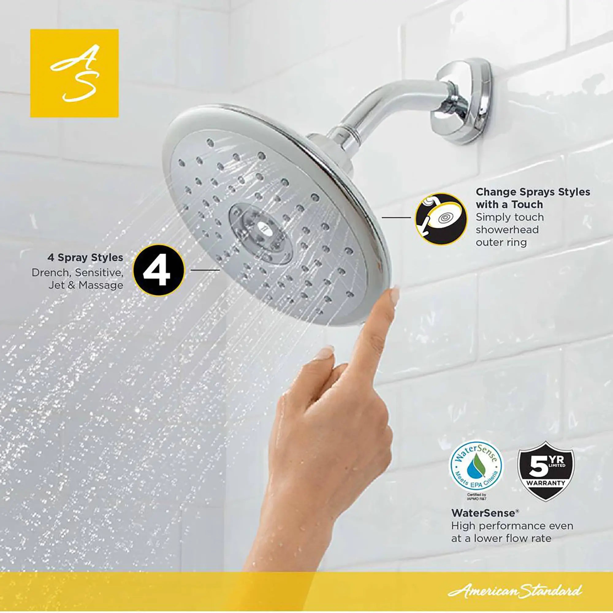 Pomme de douche économiseur d'eau Spectra® Touch 7-3/16 po, 1,8 GPM, 4 fonctions // CHROME POLI // 174615_1698374.002_5_0_CDNwebp.webp