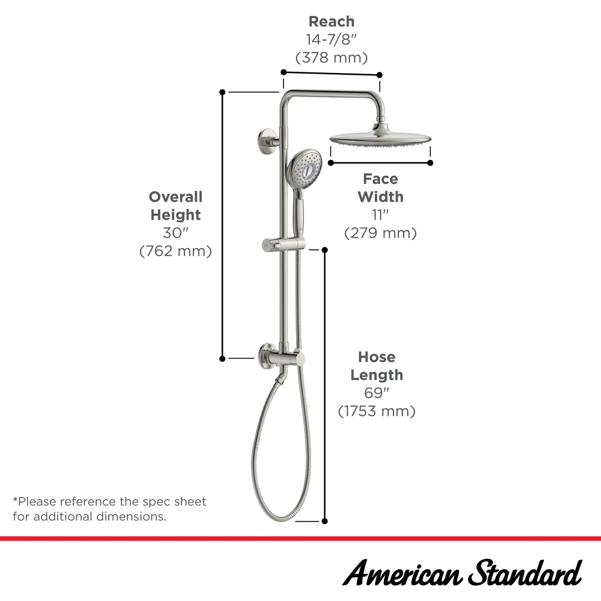 Spectra® Versa® - système de douche de 24 po à 4 fonctions, 1,8 gpm/6,8 L/min avec pomme de douche à effet de pluie // AUBE FRAÎCHE BROSSÉ // 231601_SpectraVersa_Infographic_102907_0006_OCT2023_CDNwebp.webp
