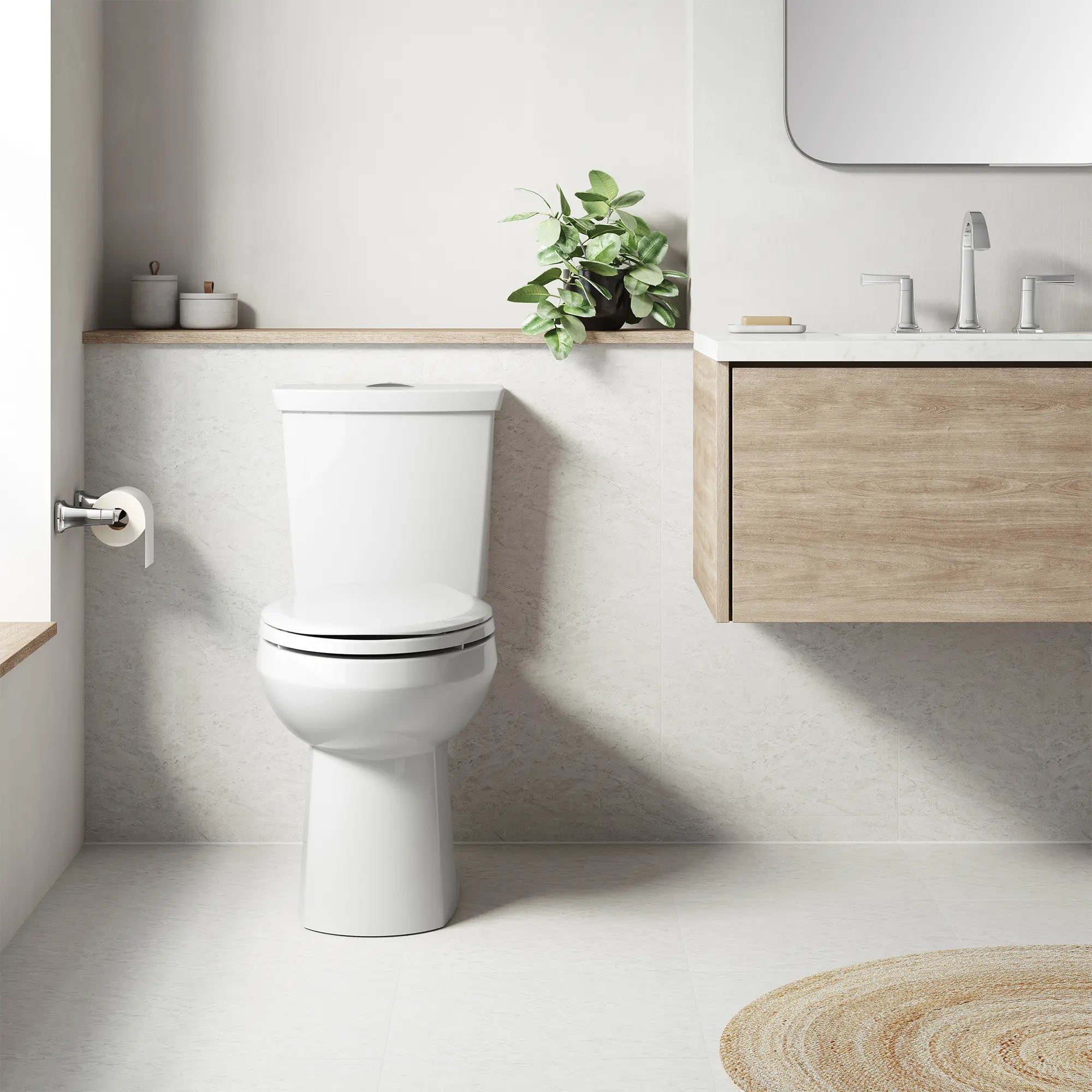Toilette complète Cadet® 3, 2 pièces, chasse double 1,6 gpc/6,0 lpc,et 1,0 gpc/3,8 lpc, à cuvette allongée à hauteur de chaise et réservoir avec doublure, avec siège // BLANC // 263142_Cadet_EnvironmentCloseUp_3380516ST020_0002_MAY2025_0_CDNwebp.webp