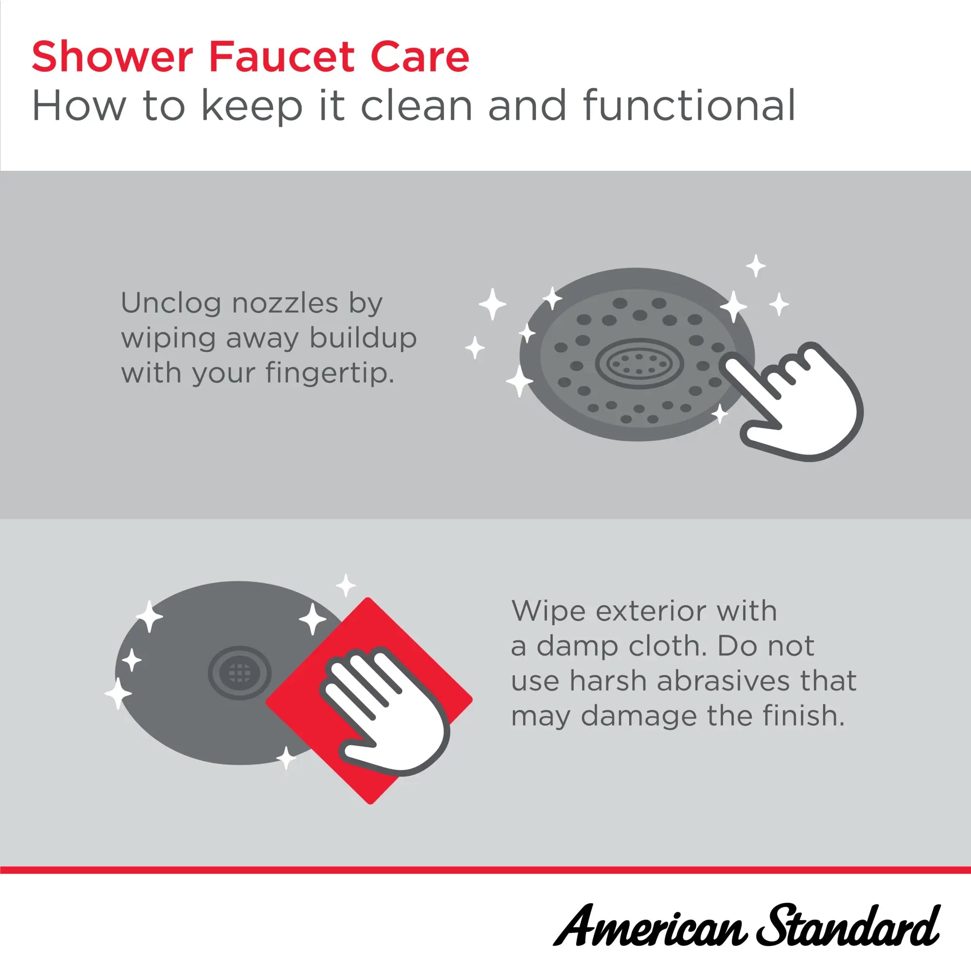 Pomme de douche fixe Town Square® S de 6-1/4 po, 2,5 gpm/9,5 L/min // CHROME POLI // 269015_UseCare_Infographic_ShowerFaucets_0001_AUG2025_0_CDNwebp.webp