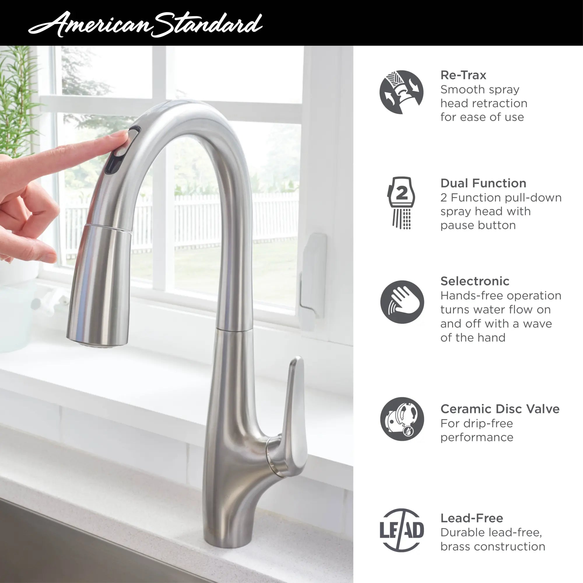 Robinet de cuisine rétractable et sans contact Avery à simple levier et jet double, 1,5 gpm (5,7 L/min) // CHROME POLI // 67011_AS_Avery_Kitchen_Faucets_4901380_Infographics_1_0_CDNwebp.webp