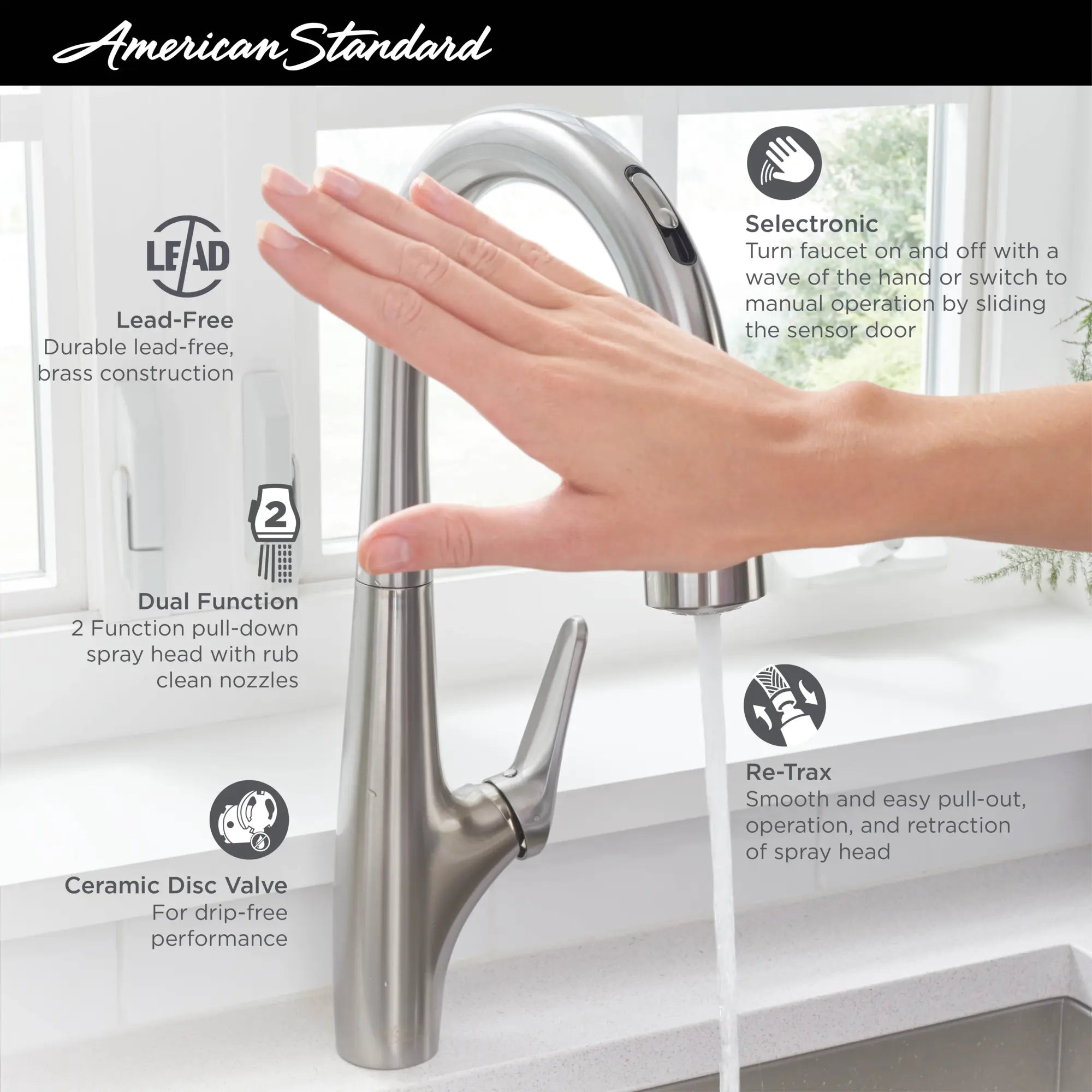 Robinet de cuisine rétractable et sans contact Avery à simple levier et jet double, 1,5 gpm (5,7 L/min) // CHROME POLI // 67012_AS_Avery_Kitchen_Faucets_4901380_Infographics_2_0_CDNwebp.webp