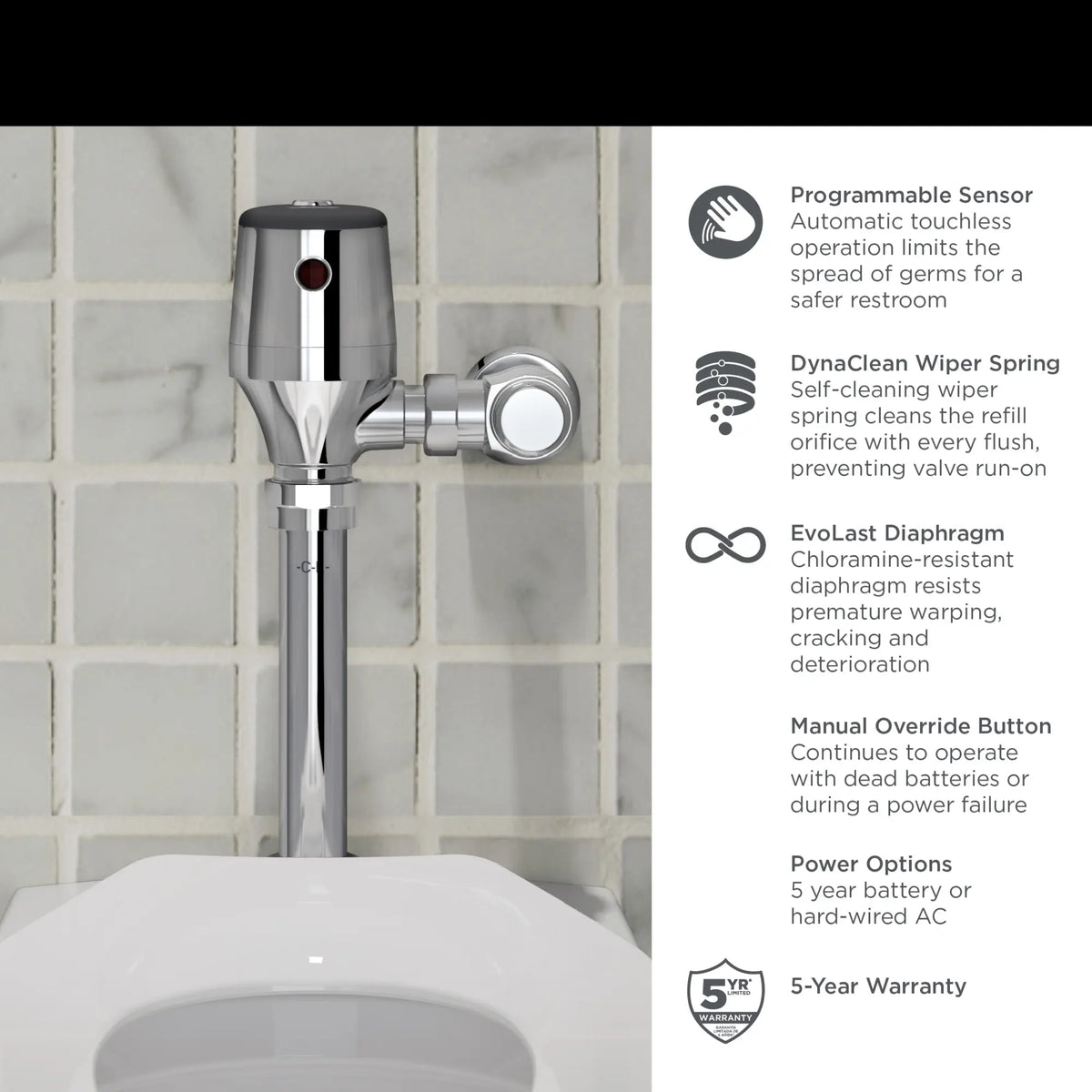 Ultima® Selectronic® - Robinet de chasse d'eau pour toilettes exposées, à diaphragme, modèle de base, 1,6 gpc (6,0 Lpc) // CHROME POLI // 67412_AS_Diaphragm_Toilet_Flush_624B121_624B161_6247721_624B721_Valve_Info_1_0_CDNwebp_fe7b8e34-179f-4952-8a11-62f2702fbfa2.webp