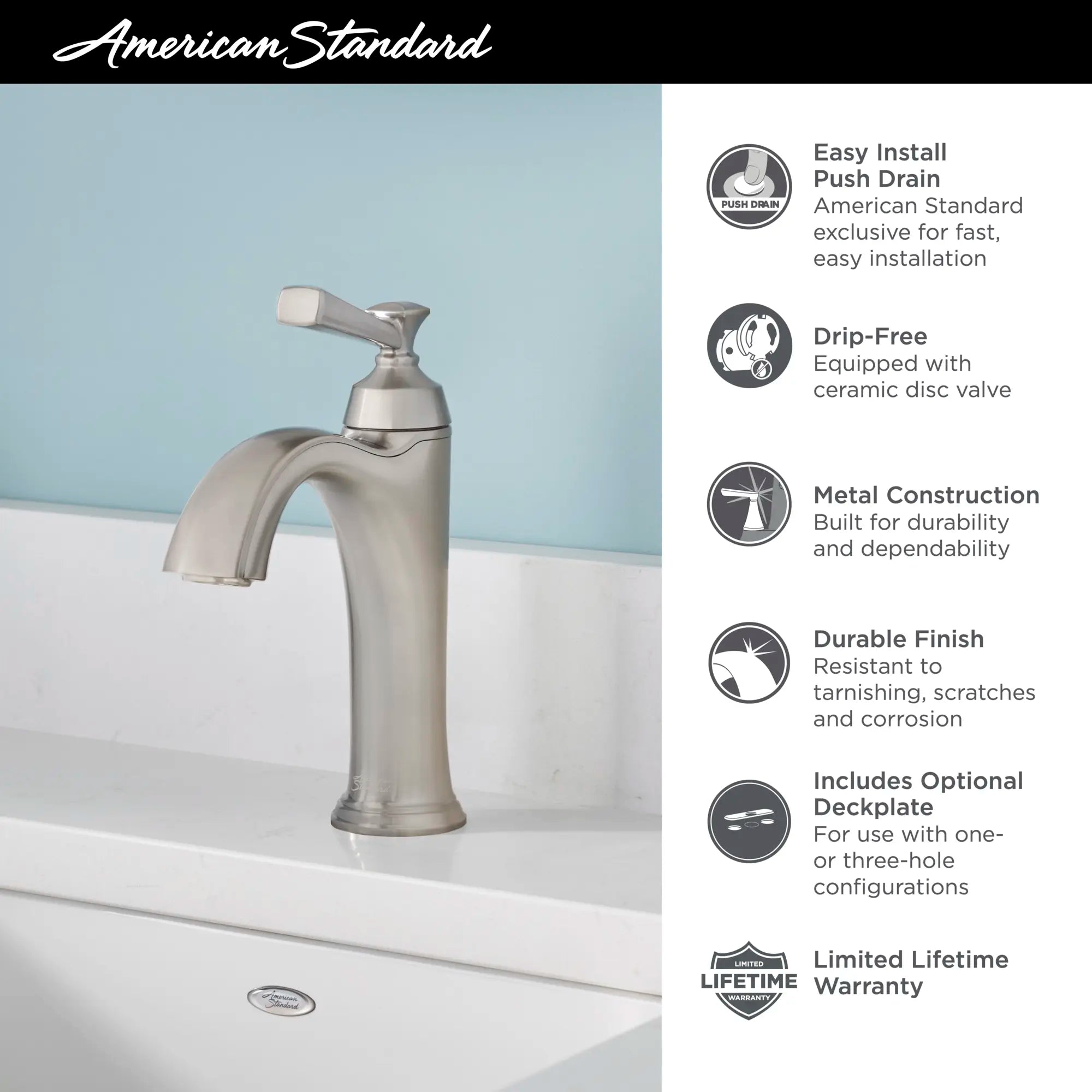 Robinet de salle de bain à poignée unique pour lavabo monotrou Glenmere 1,2 gpm/4,5 l/min avec poignée à levier // NICKEL BROSSÉ // 67603_AS_Glenmere_Bath_7617107_Infographic_1_CDNwebp_15466be6-268f-47d6-a825-d4c9c2766825.webp
