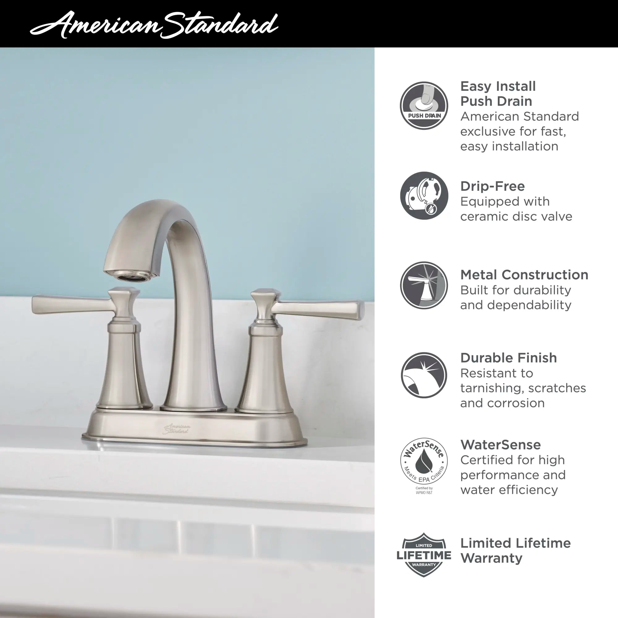 Robinet de salle de bain à poignée unique pour lavabo monotrou Glenmere 1,2 gpm/4,5 l/min avec poignées à levier // NICKEL BROSSÉ // 67606_AS_Glenmere_Bath_7617207_Infographic_1_CDNwebp_ea5331e4-530a-4d20-a622-75ce3403e7be.webp