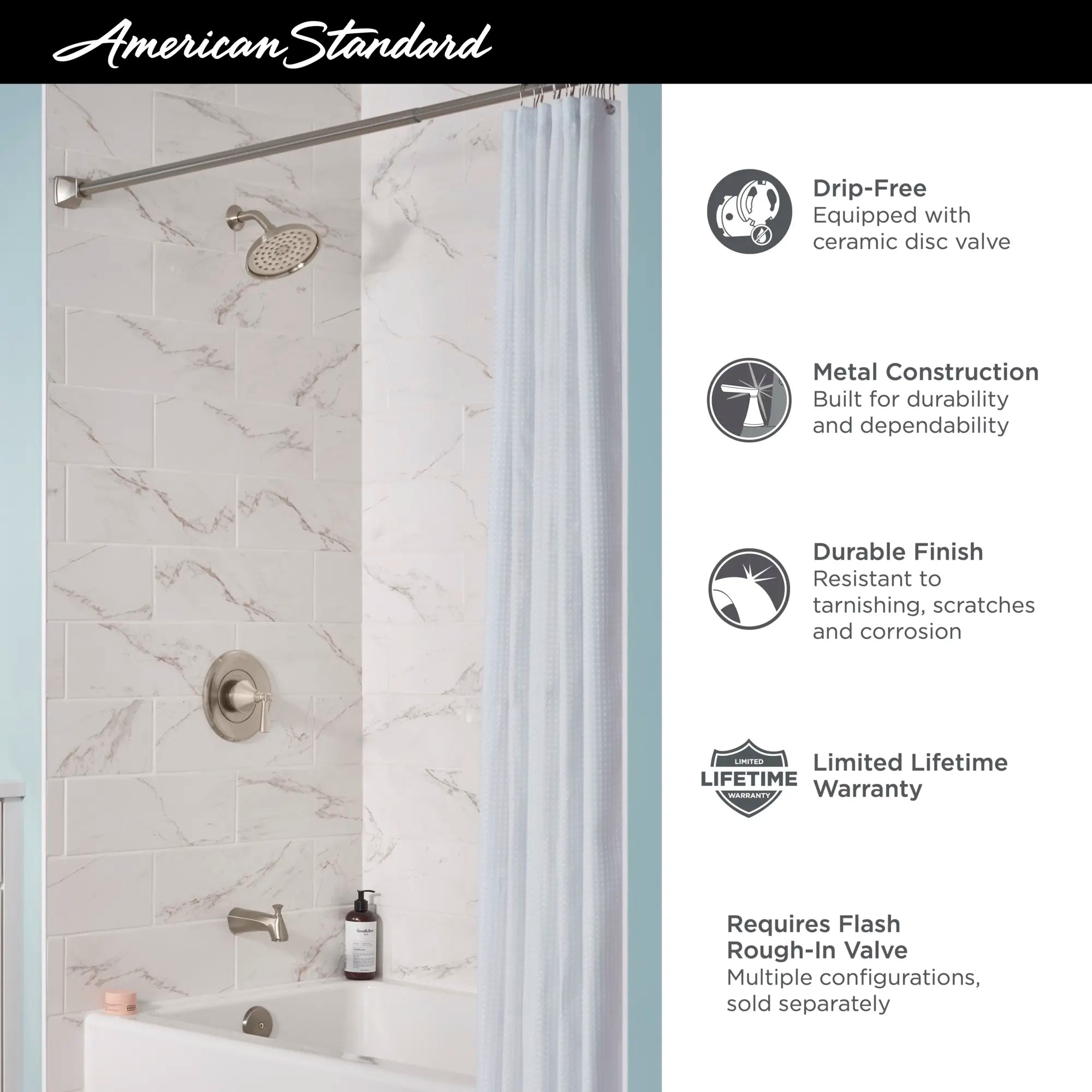 Ensemble de baignoire et garniture pour douche Glenmere 6,8 L/min/1,8 gpm avec pomme de douche économe en eau, cartouche à pression équilibrée en double céramique, et poignée à levier // TUB & SHOWER / CHROME POLI // 67613_AS_Glenmere_Bath_TU617502_TU617508_Infographic_1_CDNwebp.webp