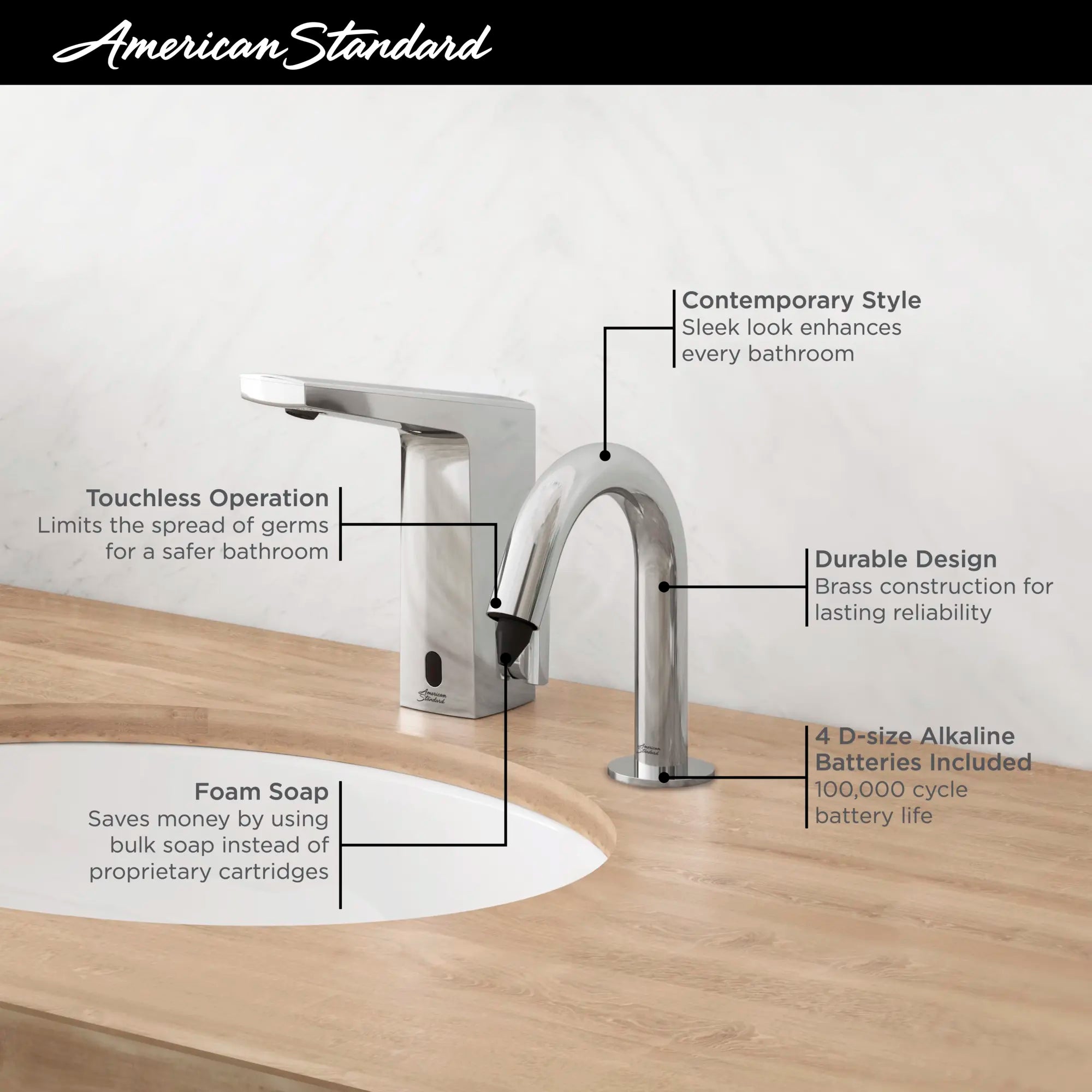 Distributeur de savon mousse sans contact à capteur, Alimenté par piles // CHROME POLI // 68055_AS_Touchless_Soap_Dispenser_7770100_Infographics_1_CDNwebp.webp
