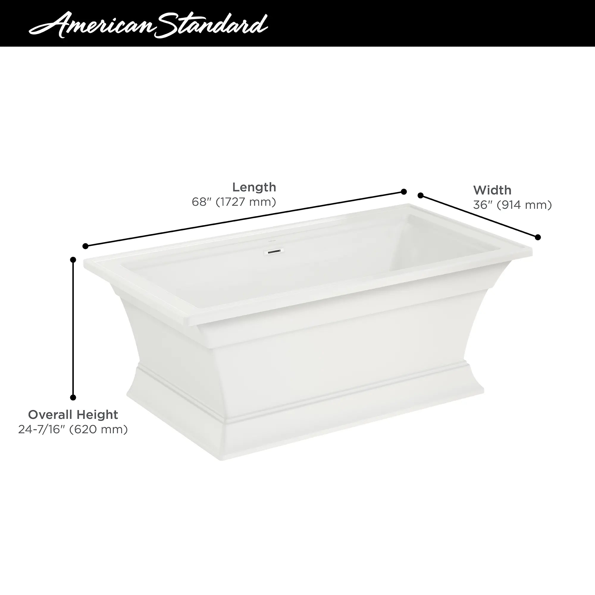 Baignoire autoportante Town Square® S 68 x 36 po avec renvoi central // BLANC // 68163_2019_AS_Town_Square_S_FST_2546004_Infographic_1_0_CDNwebp.webp